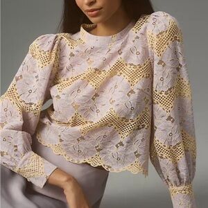 DOLAN LONG-SLEEVE MOCK-NECK LACE TOP IN PURPLE Anthropologie EUC PUFF SLEEVES